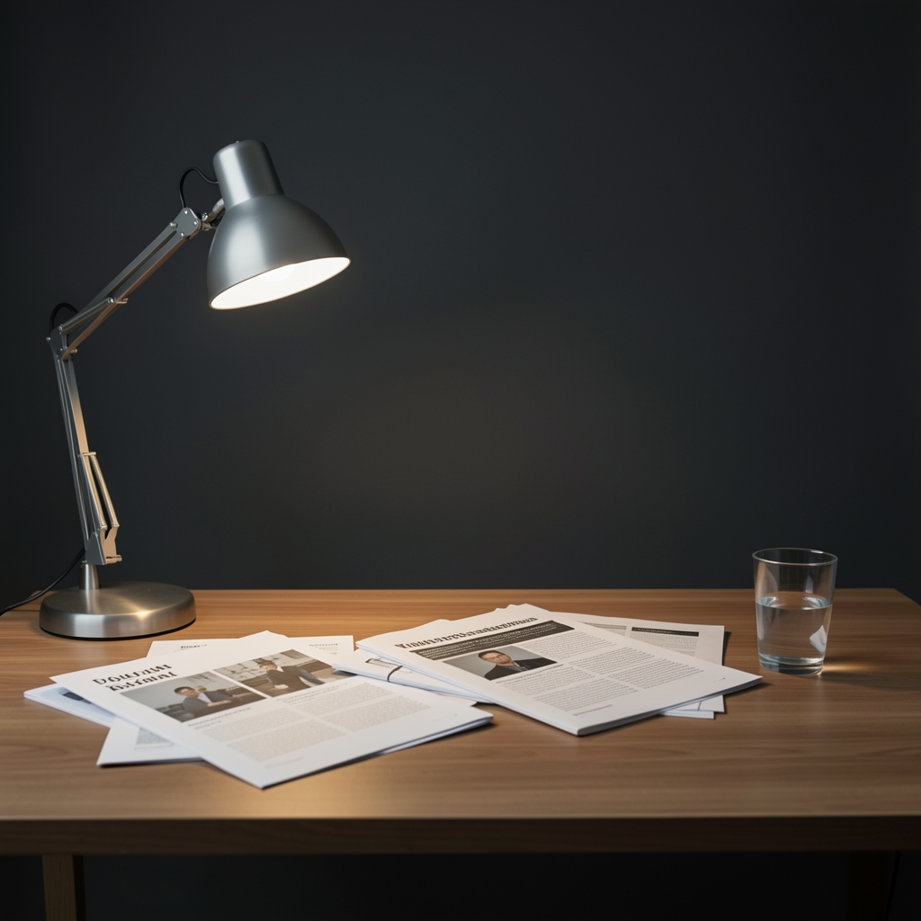 Minimalist editorial desk workspace in a Jakarta studio with dark walls, a lamp, scattered research papers, and a glass of water — editorial journalism aesthetic