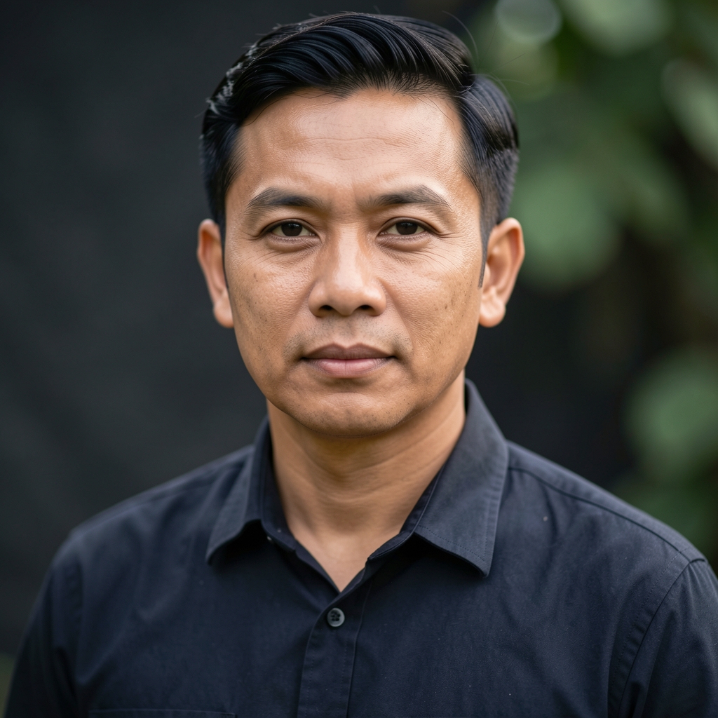 Professional headshot of a Indonesian man in his early 40s in a dark editorial studio, wearing a simple dark shirt, calm expression, natural lighting