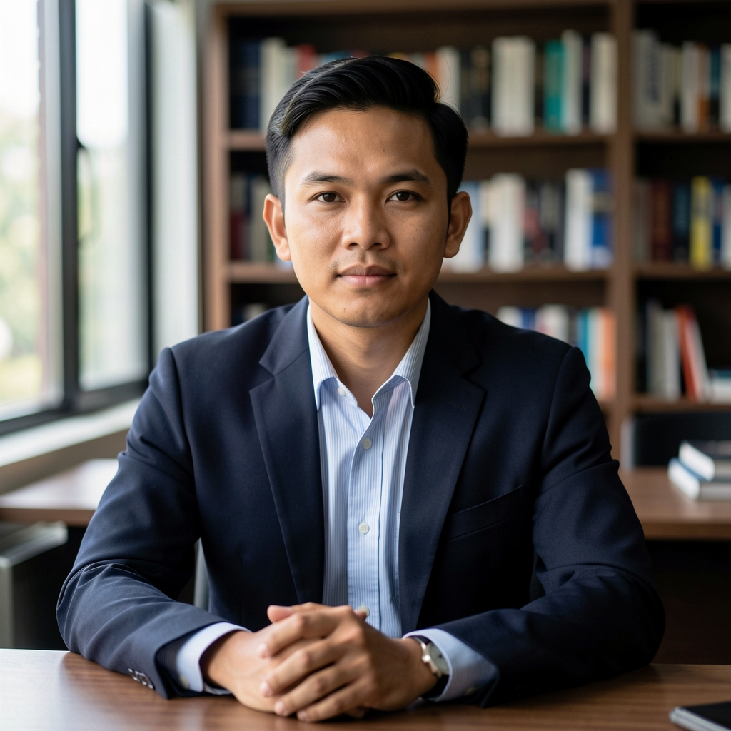 Professional portrait of an Indonesian man in his mid 30s sitting at a desk with bookshelves in background, natural window light, dark editorial office setting