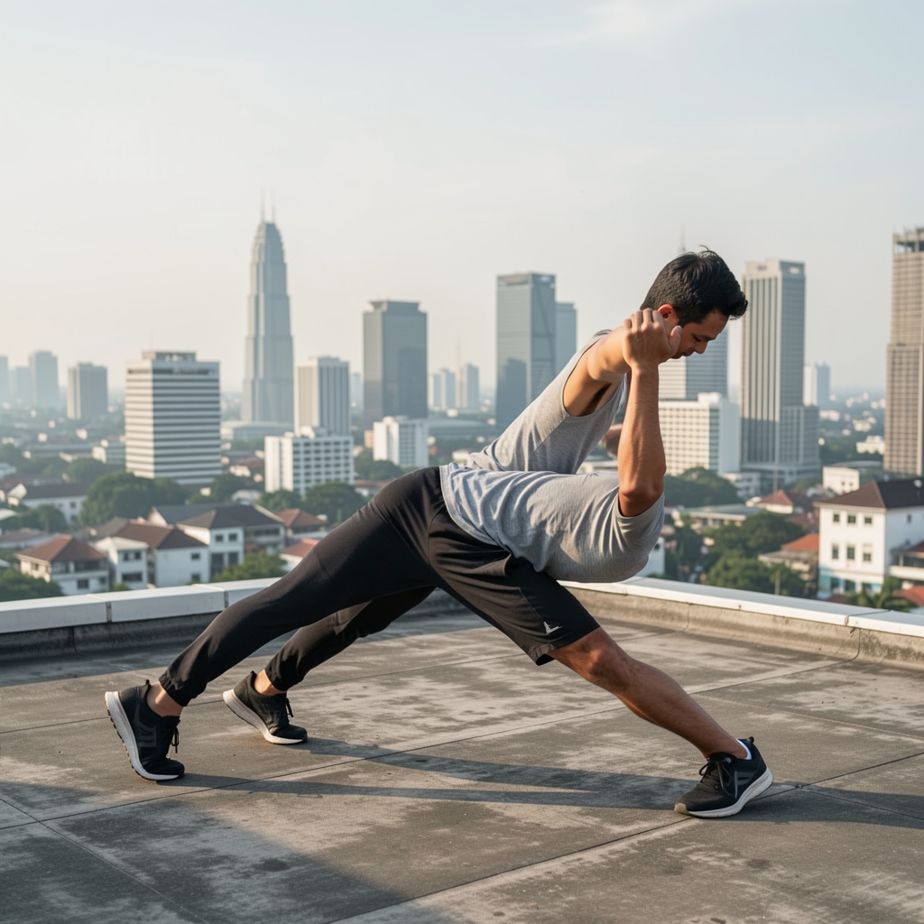 Active Indonesian man in his 30s performing morning calisthenics on a rooftop overlooking Jakarta's skyline at sunrise, wearing fitted athletic gear