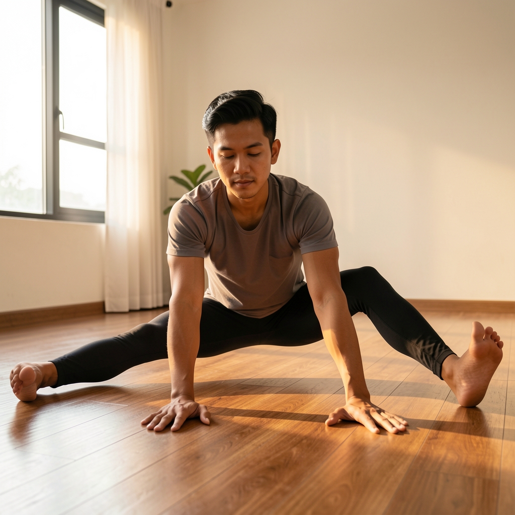 Indonesian man in athletic clothing performing a precise morning stretching sequence on a wooden floor at home at dawn, bright natural window light, minimal environment