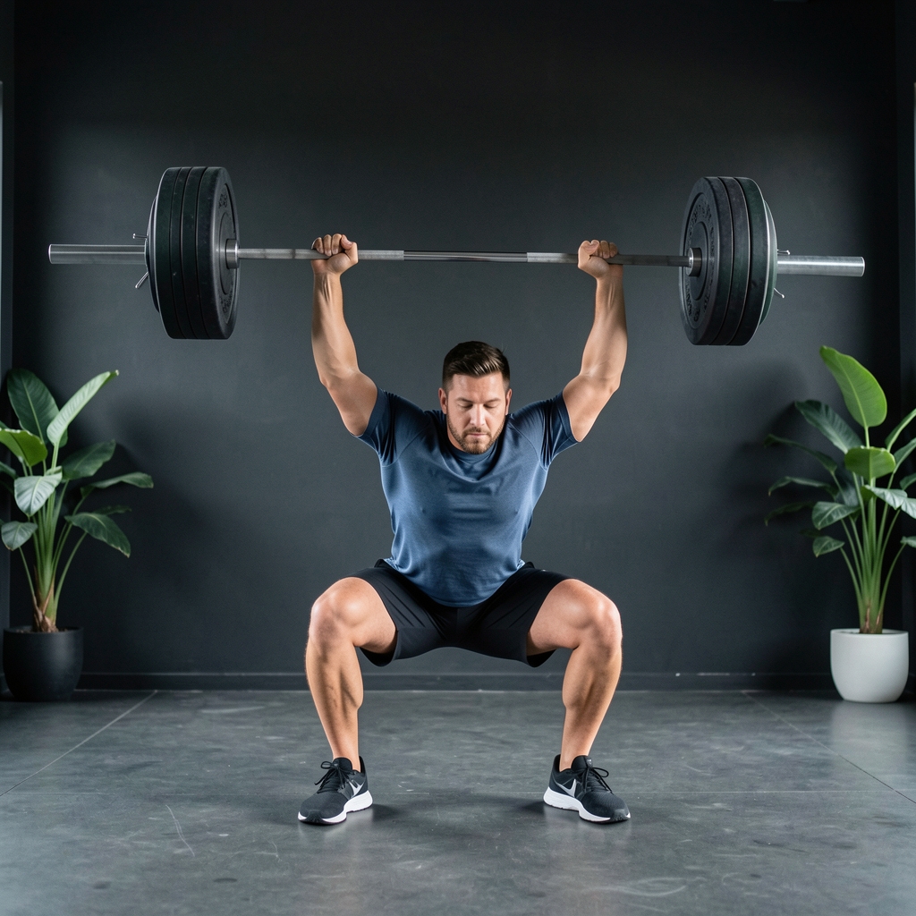 Focused Indonesian man performing a barbell back squat in a clean minimalist gym with dark walls and green plants, full extension at top of movement