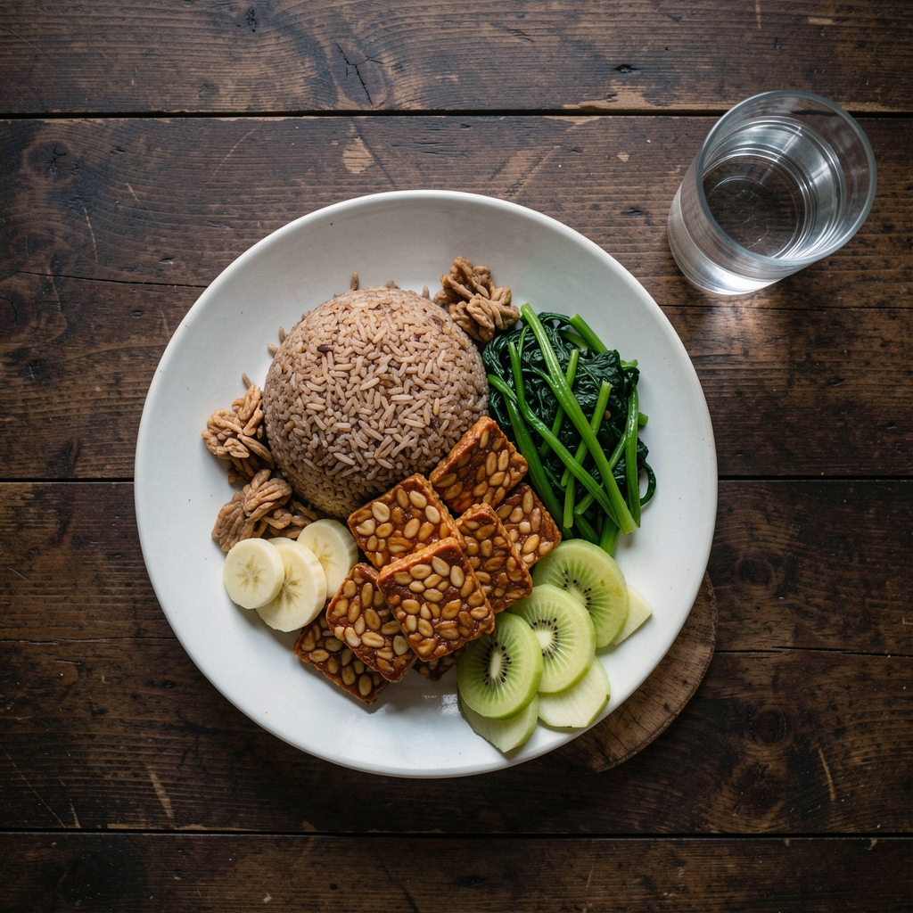 Overhead flat-lay of a balanced Indonesian meal on a dark wooden table — brown rice, tempeh, green vegetables, sliced fresh fruit, and a glass of water