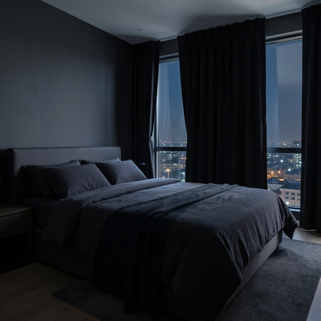Dark minimalist bedroom with a neatly made bed with dark linen, blackout curtains slightly parted showing city lights at night, calm and cool atmosphere