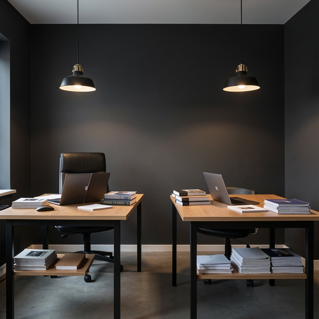 Tamoren editorial studio interior in Jakarta South — dark walls, two desks with open laptops, stacked research journals, pendant lighting casting warm pools of light