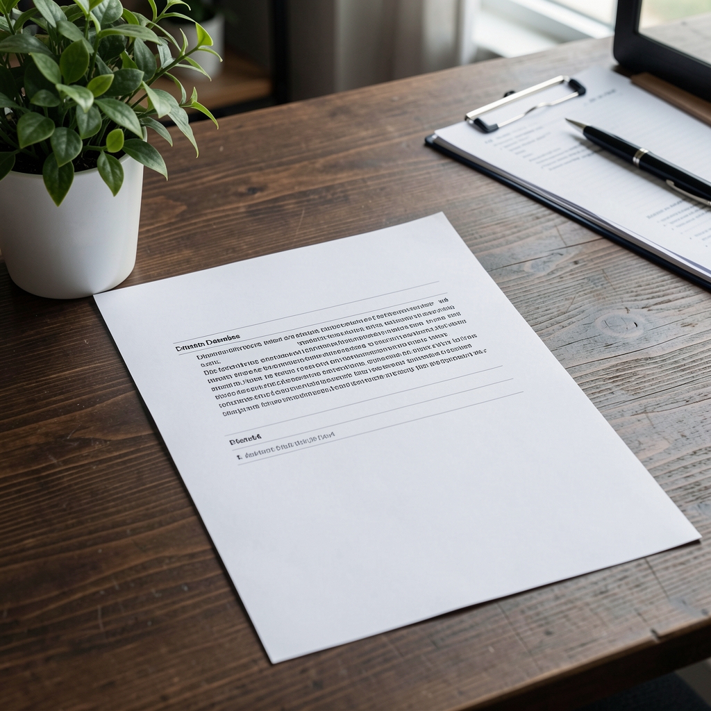 Close-up of a research citation database printed on A4 paper on a dark wooden table with a green plant, editorial workspace environment