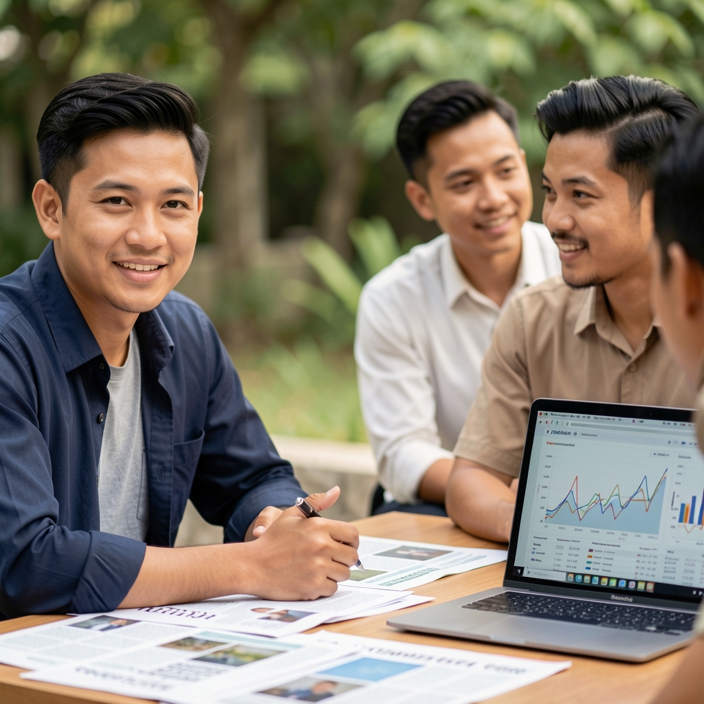 Wide shot of the Tamoren editorial team of two Indonesian men in discussion around a desk covered with printed articles and a laptop screen showing data charts